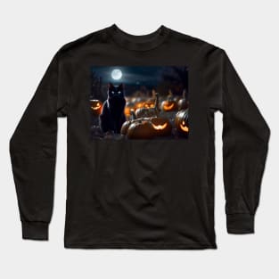 Black cat in pumpkin patch on Halloween night Long Sleeve T-Shirt